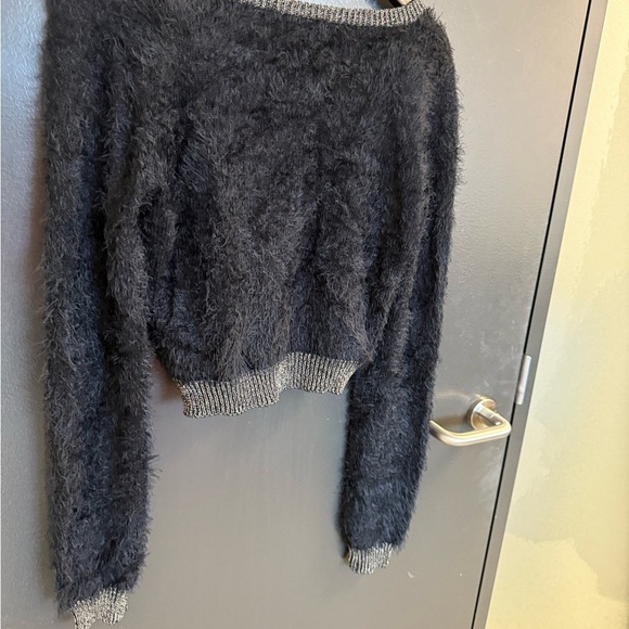 Frenchi L EUC super fun black and Light Gray really Fuzzy Cardigan - Picture 9 of 13